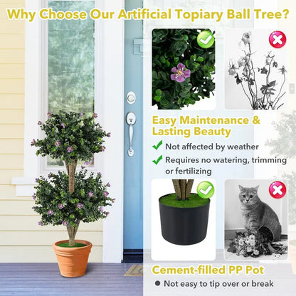 Set of Two 3-Foot Double-Ball Boxwood Topiaries for Porch or Entryway Decoration