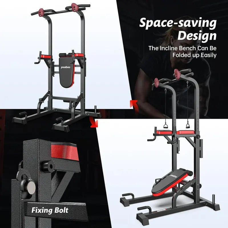 Pooboo Power Tower with Dip Station, Pull-Up Bar & Adjustable Supine Board  Home Gym Station
