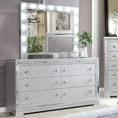 Seleena Glam Tufted Bedroom Set  5-Piece Silver-Wood Panel Collection with USB Charging Ports