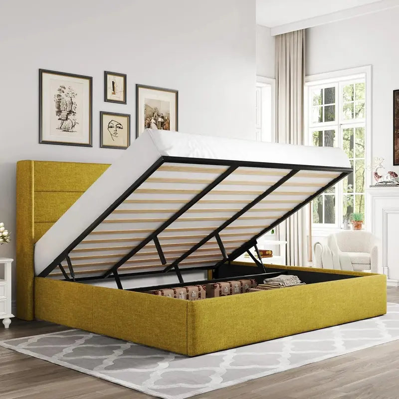 Allewie Modern Hydraulic Lift Queen Storage Bed  Wingback Headboard, Light Beige