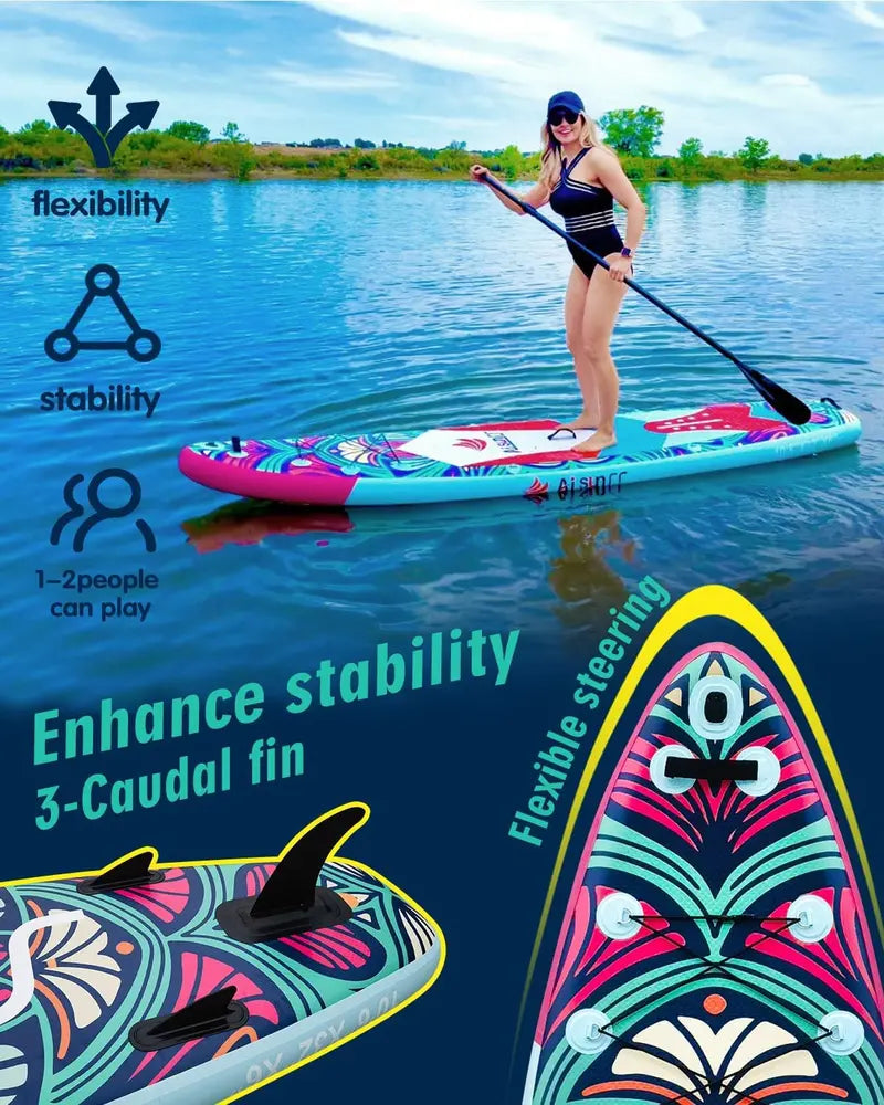 Wide Inflatable SUP Board Bundle  Comes with Carry Bag, Hand Pump, 10L Dry Bag & Height-Adjustable Paddle