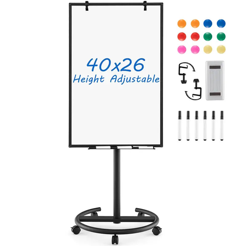 Height-Adjustable Mobile Dry Erase Board  40″ x 26″ on Stable Round Wheeled Stand