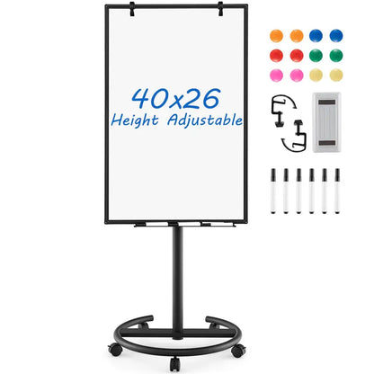 Height-Adjustable Mobile Dry Erase Board  40″ x 26″ on Stable Round Wheeled Stand