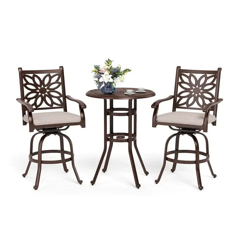 MAISON ARTS Cast Aluminum Patio Bar Set  3-Piece: 1 Swivel Bar Table + 2 High Stools