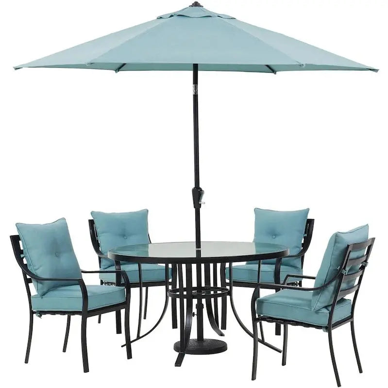 Hanover Lavallette 5-Piece Ocean Blue Dining Set  Round Glass Table, Chairs, Umbrella & Base