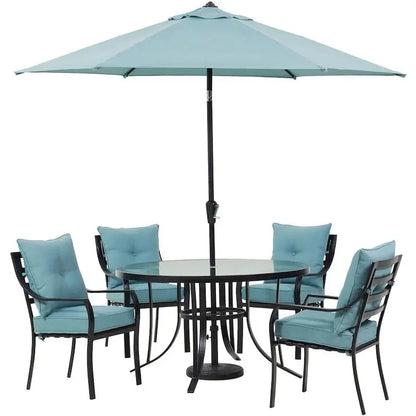 Hanover Lavallette 5-Piece Ocean Blue Dining Set  Round Glass Table, Chairs, Umbrella & Base