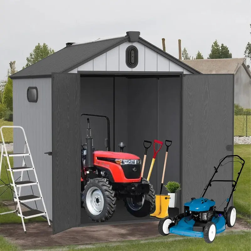 All-Weather Resin Storage Shed  Spire-Style Outdoor Tool Shed (6’x4′, 6’x8′, 8’x6′, or 8’x10′) with Floor Included