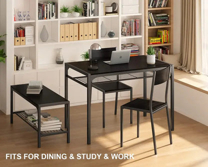 Gizoon 4-Piece Kitchen Dining Set with Storage Racks  Table, 2 Chairs & Bench, Space-Saving Design