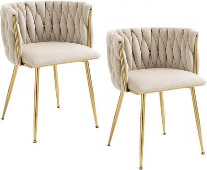 Set of 4 Velvet Dining Chairs  Beige Upholstered Woven Chairs with Gold Metal Legs for Dining, Living, or Bedroom Use