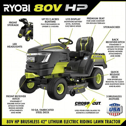 RYOBI 80V HP Brushless 42 in. Battery Electric Cordless Riding Lawn Tractor with (3) 80V 10Ah Batteries and Charger RYRM8060
