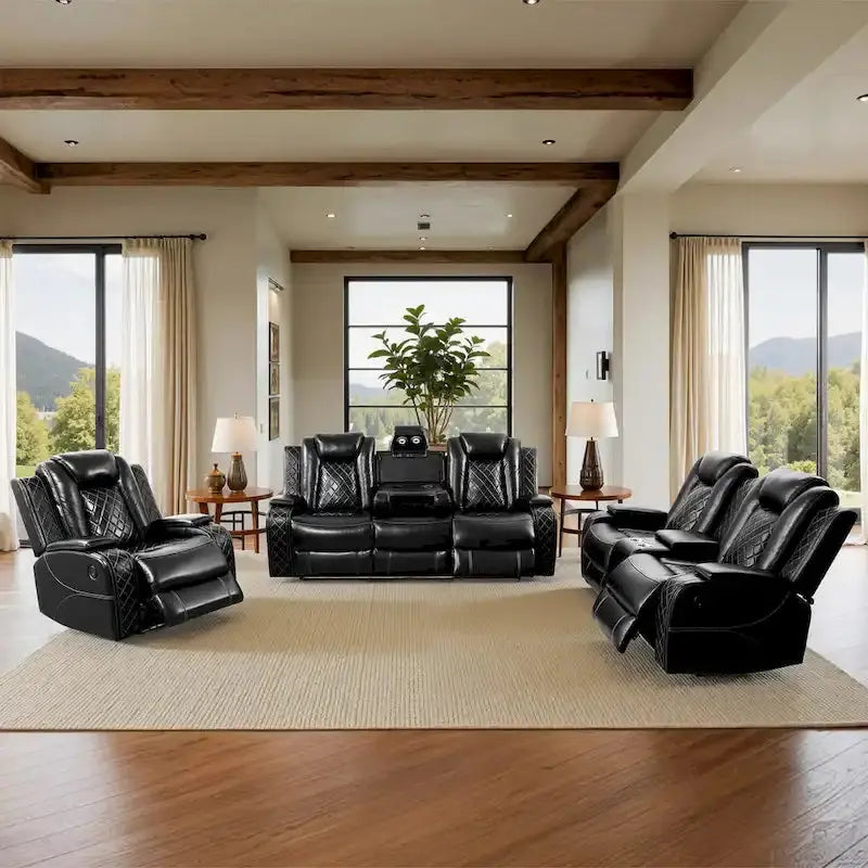 Modern 3-Piece Leather Recliner Set — Includes LED Lighting & Wireless Charging Ports