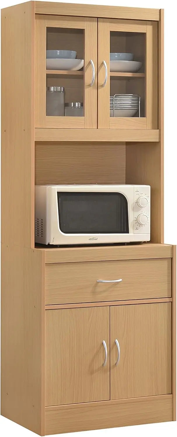 Cherry-Finished Standing Kitchen Cabinet with Enclosed Top and Bottom Storage, Single Drawer, and Dedicated Microwave Zone