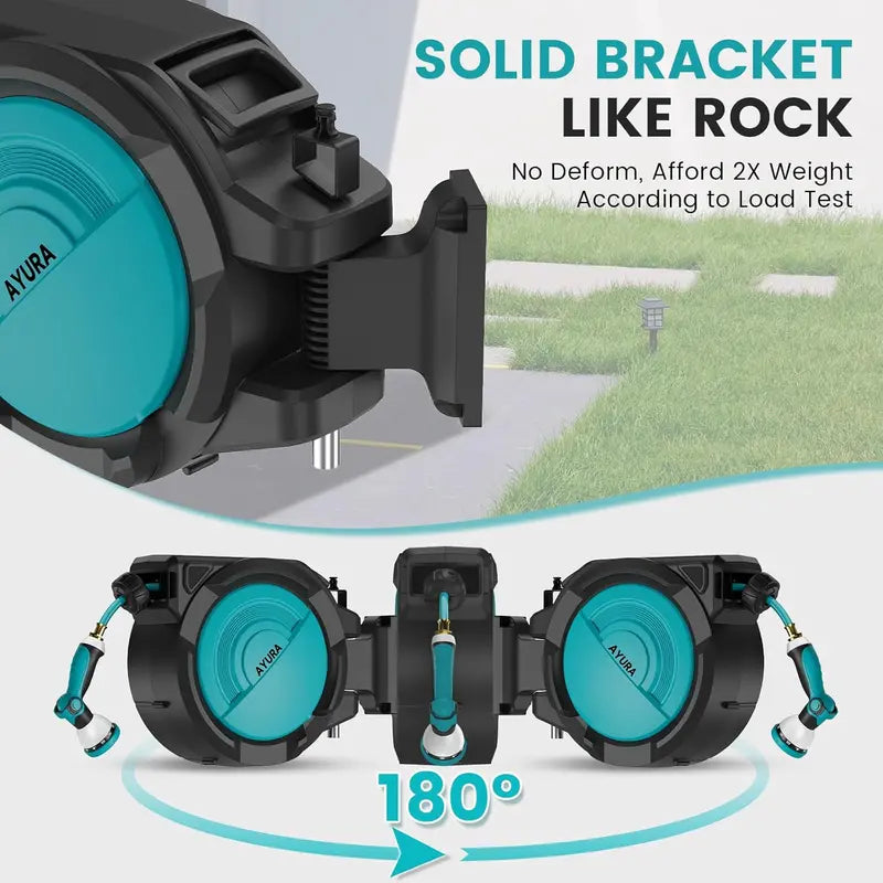 AYURA Retractable Garden Hose Reel  Adjustable Length Lock, Gentle Auto-Rewind & 10-Spray Nozzle