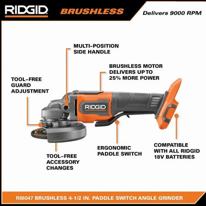 RIDGID R86047B-AC93044SBN 18V Brushless Angle Grinder Kit with Batteries, Charger, and Carry Bag