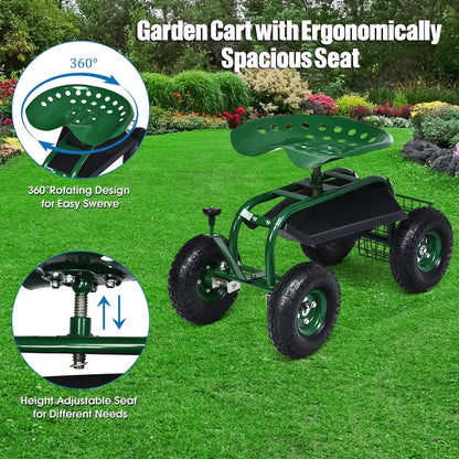 Compact Gardening Scooter Wagon with Wheels for Lawn and Patio Tasks