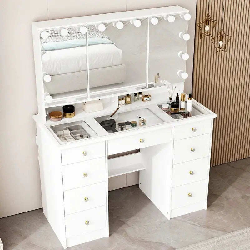 LED Makeup Vanity Dresser  Tri-Fold Mirror, Glass Top Surface, and Certified Bright Lighting