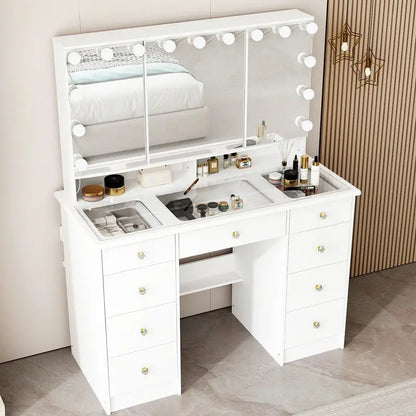 LED Makeup Vanity Dresser  Tri-Fold Mirror, Glass Top Surface, and Certified Bright Lighting