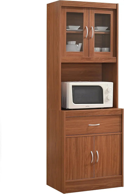 Cherry-Finished Standing Kitchen Cabinet with Enclosed Top and Bottom Storage, Single Drawer, and Dedicated Microwave Zone