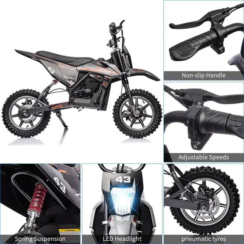Kids’ 36V Electric Dirt Bike  350W Brushless Motor, 15.5 MPH Max Speed, LED Headlight & Dual Brakes for Ages 816
