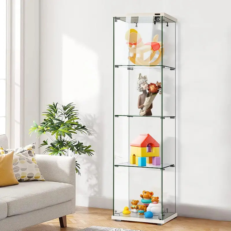 Countertop Glass Display Cabinet  4-Tier Tempered-Glass Showcase with Locking Door & MDF Base