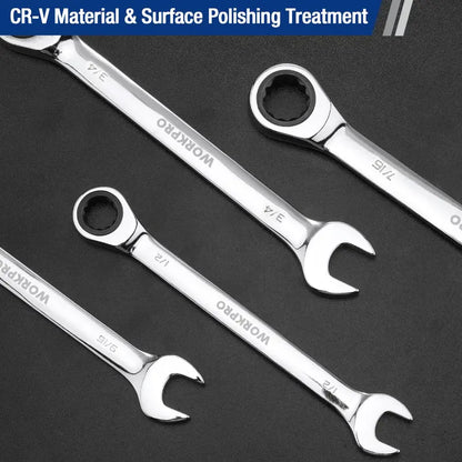 WORKPRO Multi-Size Ratcheting Wrench Set  SAE & Metric, Chrome Vanadium Construction