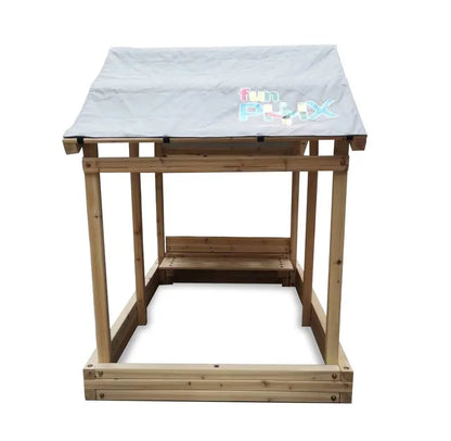 Funphix Dig n’ Play Wooden Sandbox Playhouse with Bench and Flower Planter, Outdoor Sand Pit for Kids