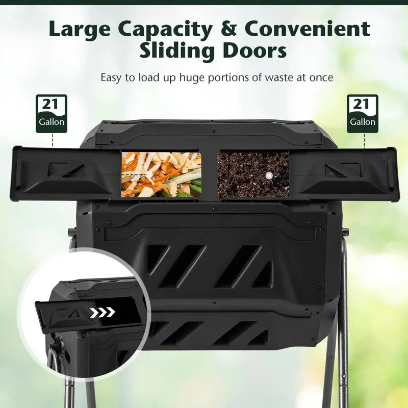 Dual-Chamber Compost Tumbler  42-Gallon Rotating Bin with Sliding Doors & Reinforced Steel Frame