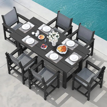 SERWALL 7-Piece Blue HDPE Outdoor Dining Set with Umbrella Hole and Stackable Chairs