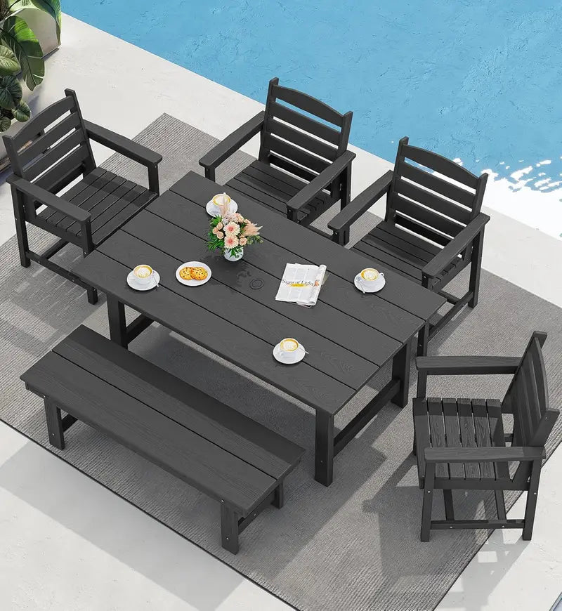 SERWALL 7-Piece Blue HDPE Outdoor Dining Set with Umbrella Hole and Stackable Chairs