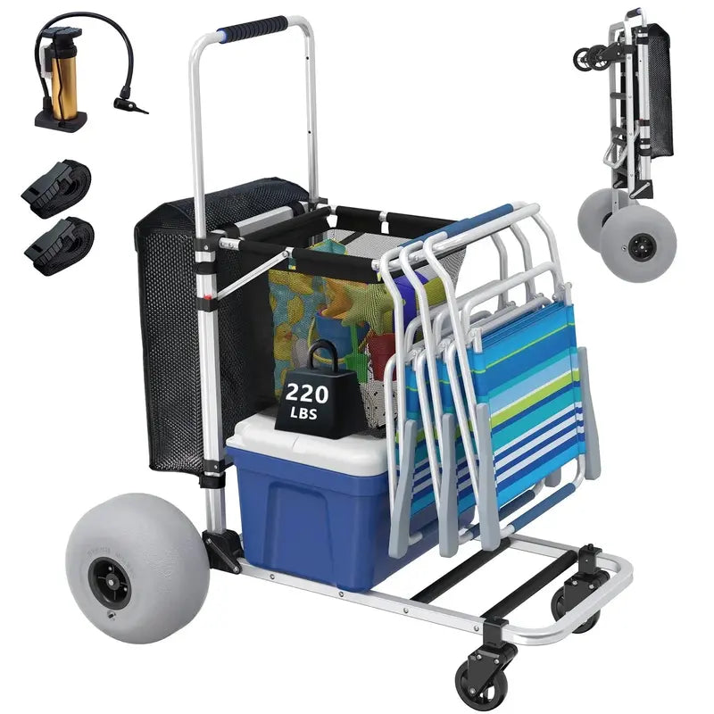 Heavy-Duty Foldable Beach Cart  Aluminum Frame, 12″ Balloon Wheels, 220-Lb Capacity, Adjustable Handle