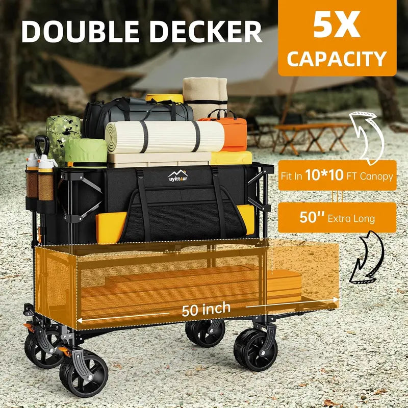 50″ Outdoor All-Terrain Double-Decker Wagon  400L Collapsible Sports & Utility Cart for Camping & Transport