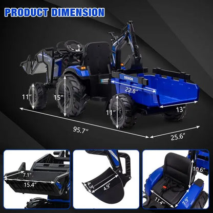 24V 3-in-1 Ride-On Tractor  Excavator & Bulldozer Functions, Remote Control, LED Lights, Bluetooth Audio (Blue)