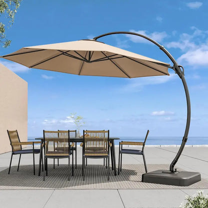 LAUSAINT HOME 11-Foot Cantilever Umbrella — Curvy Offset Design with 360° Rotation, Base Included, Beige Finish