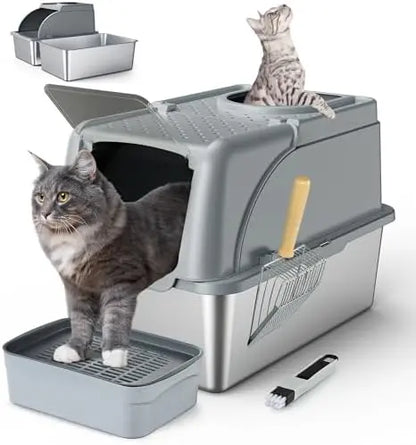 XXL Stainless Steel Cat Litter Box with Dual Entrance, Covered & High Walls, Includes Litter Scoop