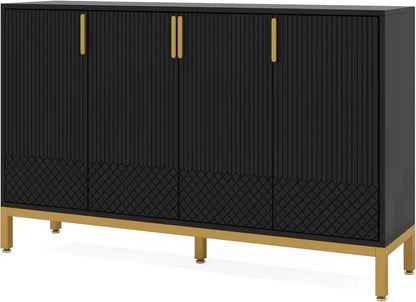 59-Inch Luxury Black-and-Gold Buffet Cabinet with 4 Doors, Coffee Bar Storage for Dining or Living Room