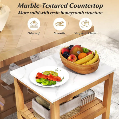 Three-Tier Patio Bar Cabinet  Faux Marble Countertop Serving Table for Outdoor Entertaining