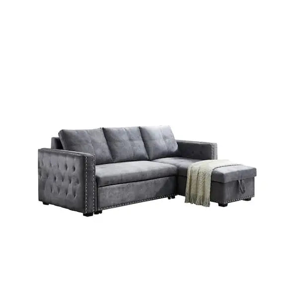 Reversible Gray Velvet L-Shape Sleeper Sectional with Built-In Storage Compartment