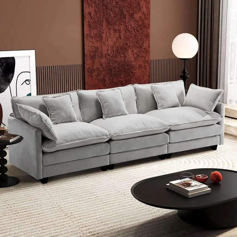 Ihanherry 146-Inch U-Shaped Modular Sectional Sofa in Chenille  Cloud-Style Deep-Seat Design with Dual Ottomans and Six Decorative Pillows, Grey