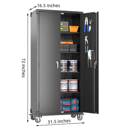 GangMei Rolling Garage Storage Cabinet  72-Inch Black Metal Tool Organizer with Pegboard & Locking Doors