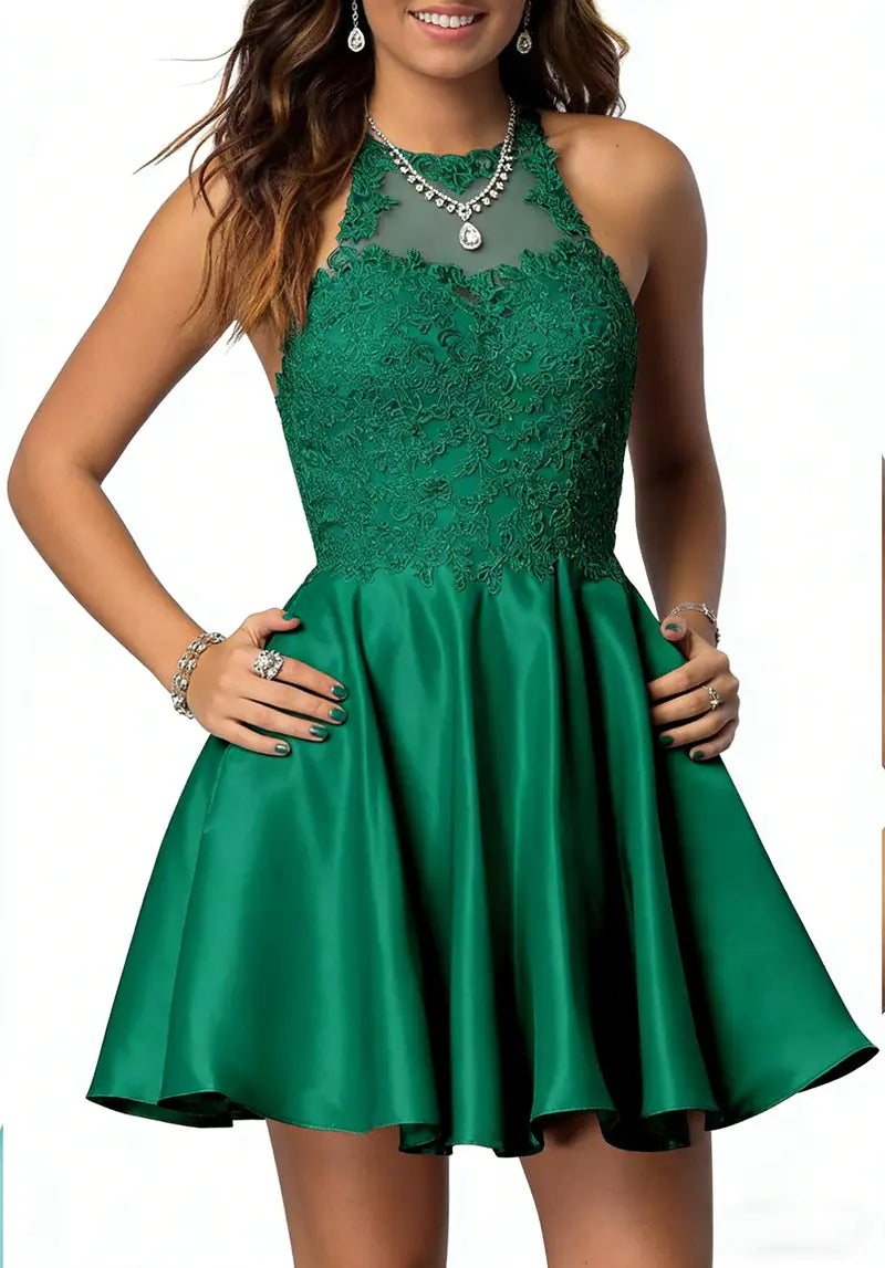 Green Halter A-Line Party Dress — Lace Appliqué Detail, Functional Pockets (4 Colors)