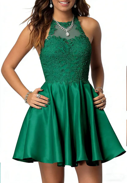 Green Halter A-Line Party Dress — Lace Appliqué Detail, Functional Pockets (4 Colors)