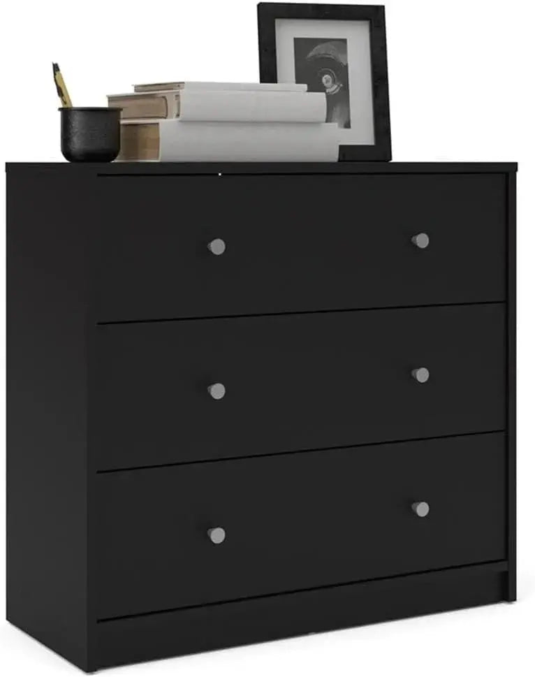 Scandinavian-Inspired 3-Piece Bedroom Set  Engineered Wood Chest, Double Dresser &amp; Nightstand in Black with Pewter Handles