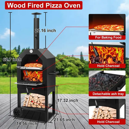 EDOSTORY Wood-Fired Outdoor Pizza Oven — Portable Patio Oven with Baking Stone, Peel, Grill Rack & Waterproof Cover