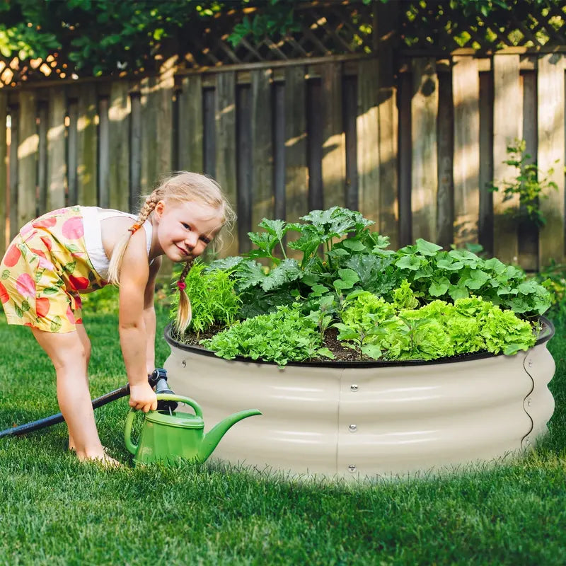 Aoodor 9” Tall Aluzinc Metal Raised Garden Bed 30” Round, Outdoor Garden Planter Box Beige Set of 2