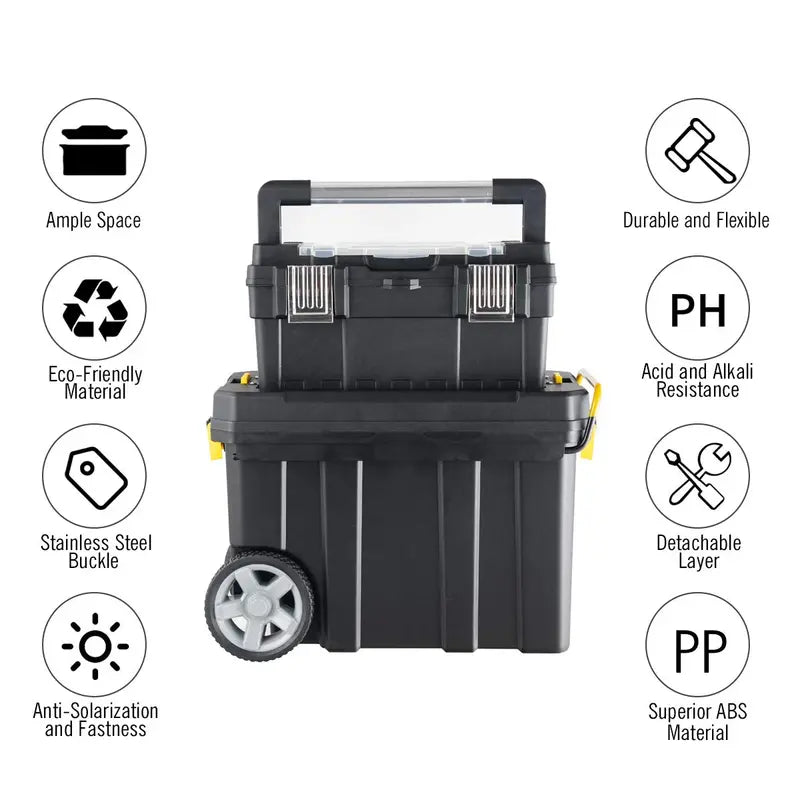 2-in-1 Rolling Toolbox  Modular Plastic Storage System with Wheels & Handles