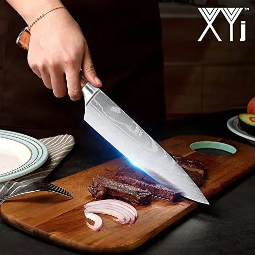 XYJ Stainless Steel 8-Piece Kitchen Knife Set with Ergonomic Handles, Sheaths & Carry Case