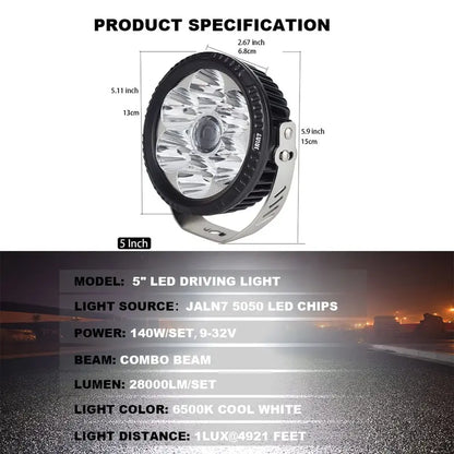 5″ Round LED Fog Lights  140W 28,000LM Off-Road Driving Lights for Trucks, ATVs & Motorcycles
