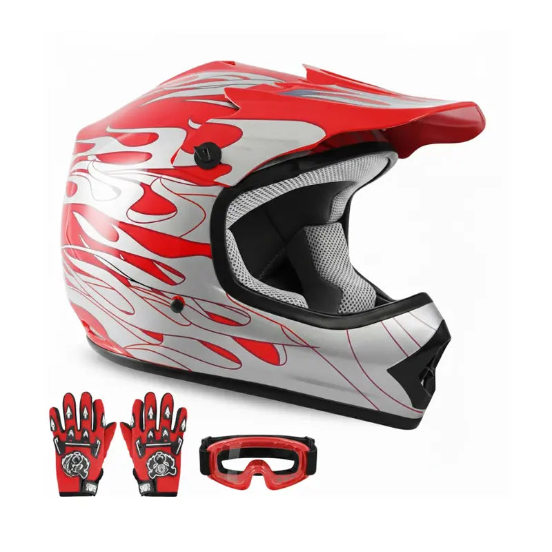 Youth Motorcycle Helmet Set Featuring Full-Face Protection, Goggles & Gloves