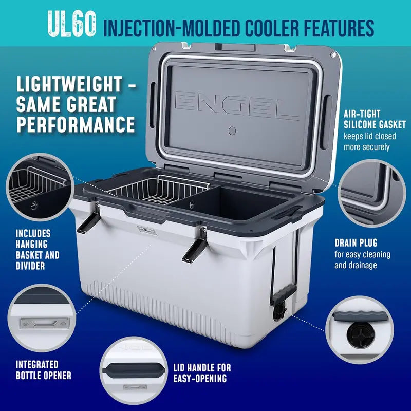 60-Quart Ultra-Lightweight Injection-Molded Cooler  7-Day Ice Retention, Wire Basket, Divider & Built-In Bottle Opener