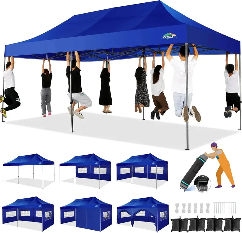 COBIZI Heavy-Duty 10×20 FT Pop-Up Canopy Tent  6 Wind-Resistant Sidewalls, Black Frame, Roller Bag